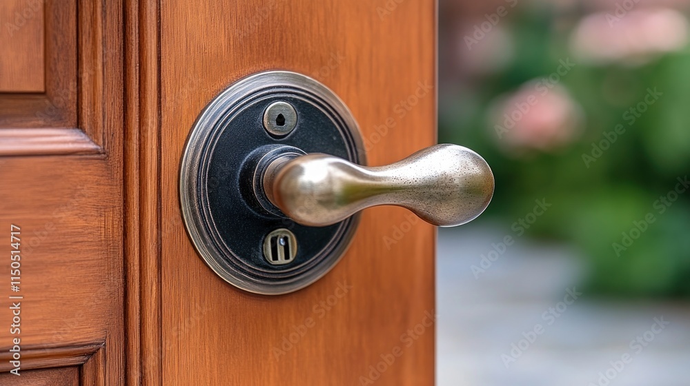 Close-up of elegant door handle on wooden door. Close-up of elegant door handle on wooden door.