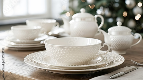 Still life served festive dinner table while Christmas lights glowing