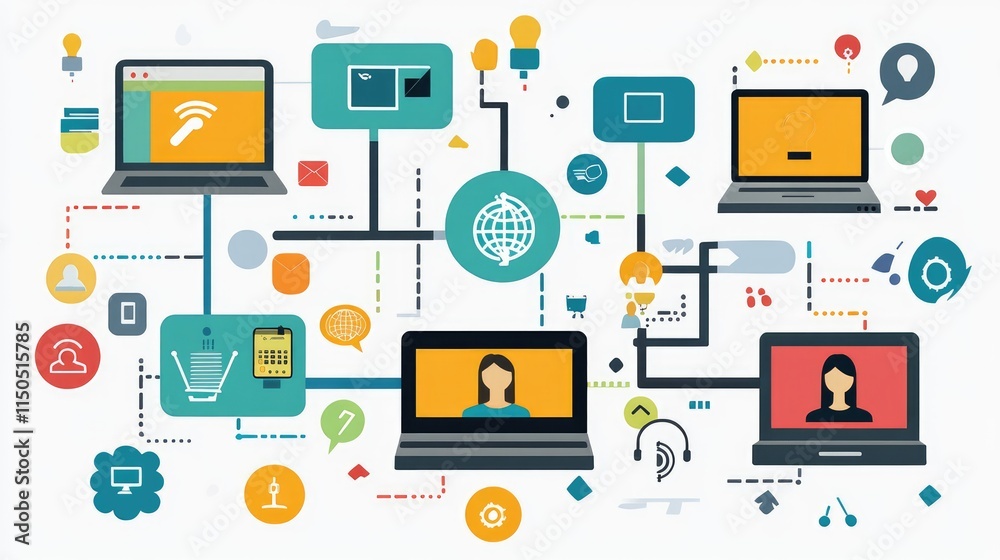 Network flat design top view theme information technology water color vivid Network flat design top view theme information technology water color vivid