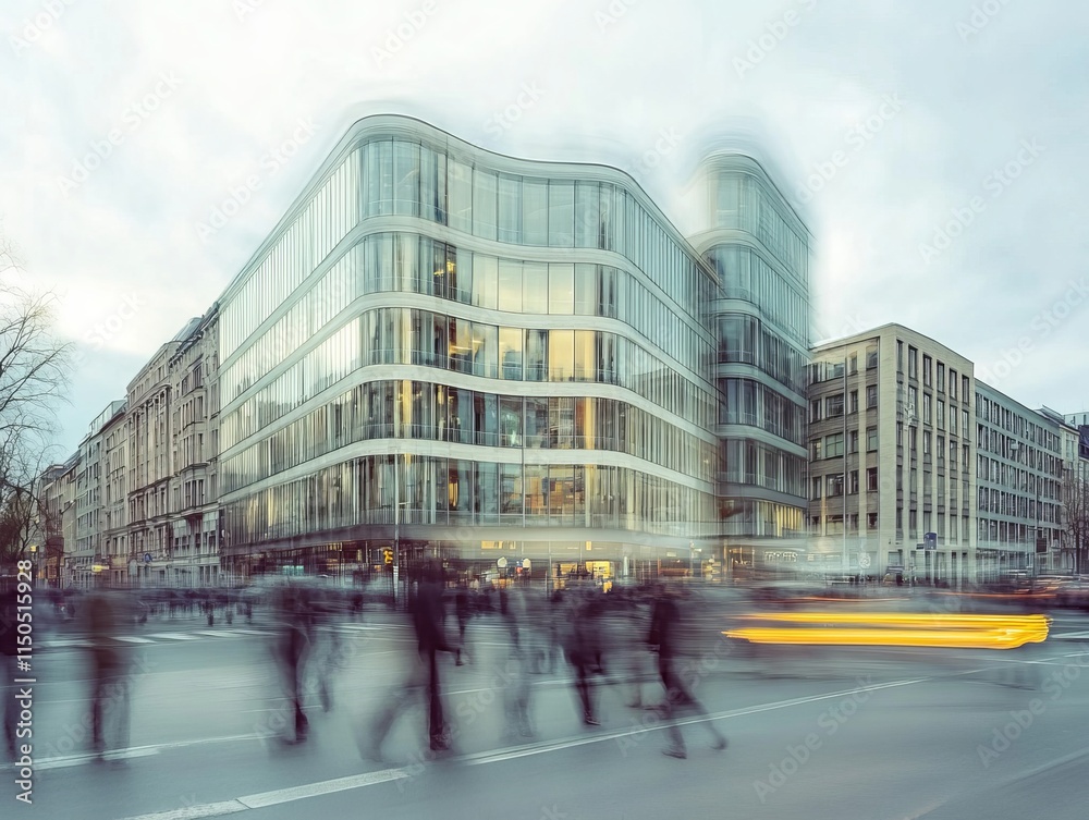 Modern Architecture Blends With Urban Life in a Bustling Cityscape During Twilight, Showcasing a Dynamic Movement of Pedestrians