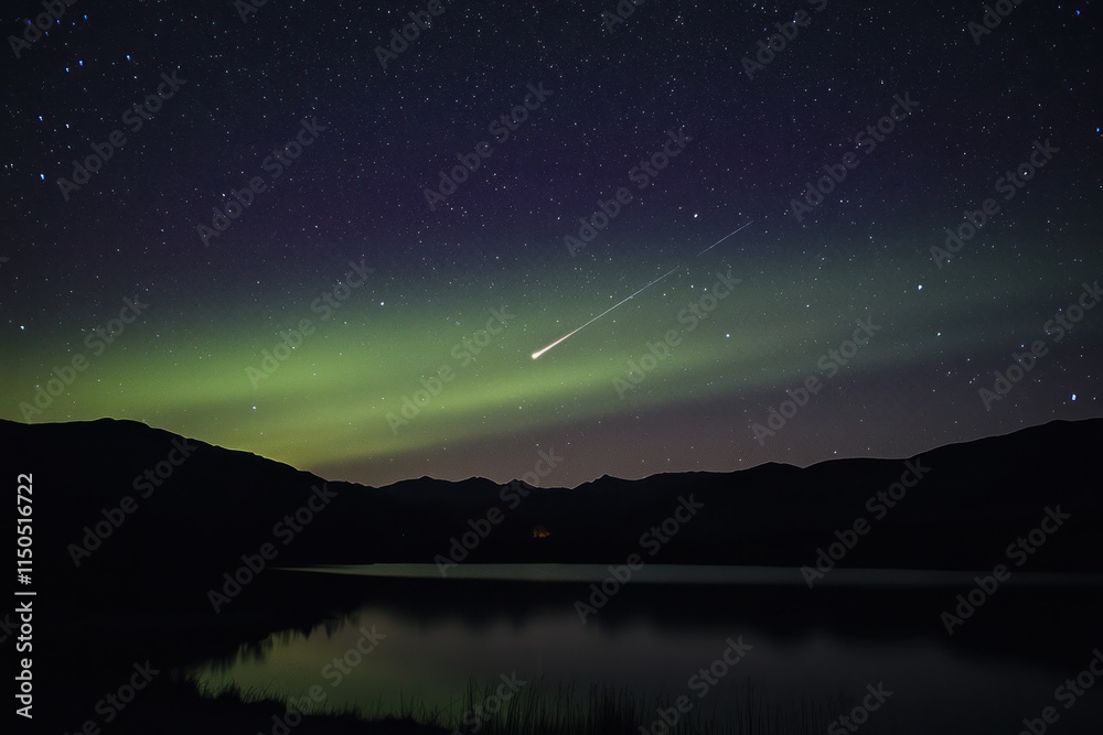 Naklejka premium Night Sky Meteor Shower Over Mountain Lake