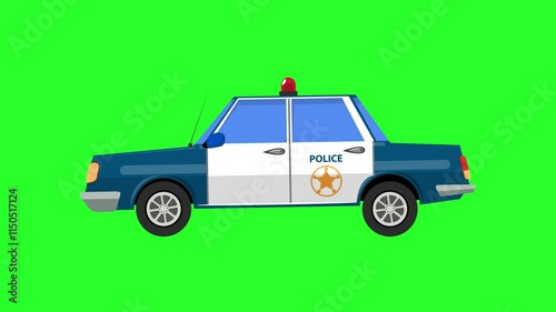 Police car cartoon animated green screen background. Fun driving. Seamless loop animation greenbox chroma key isolated. photo