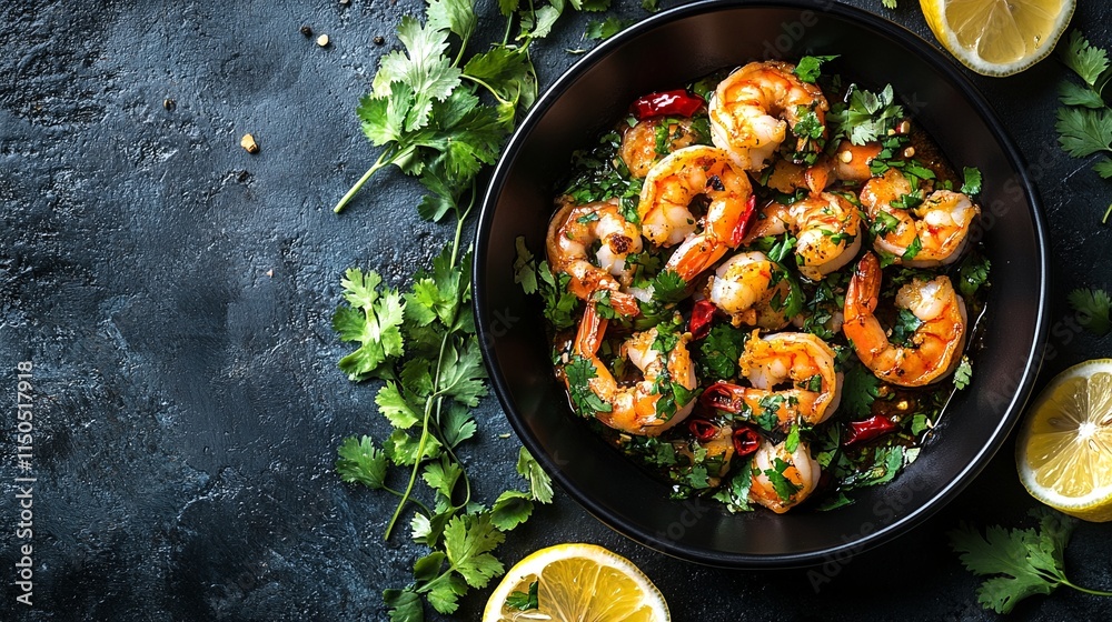 Shrimp with Chili and Cilantro in Black Bowl. Shrimp with Chili and Cilantro in Black Bowl.