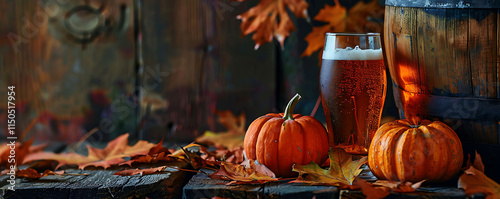 A pumpkin sits next to a glass of beer with autumn leaves scattered around, perfect for a fall-themed atmosphere. photo