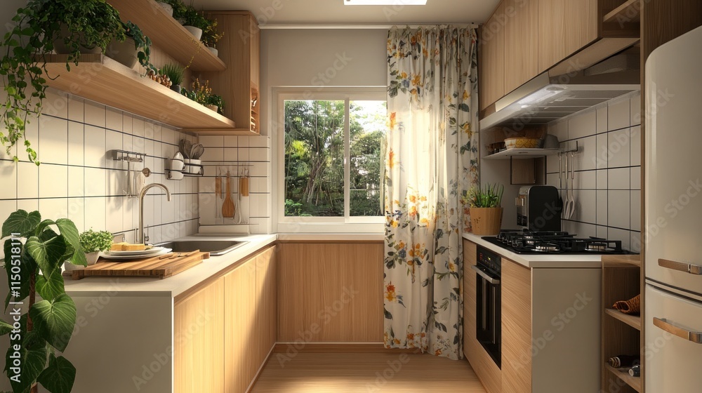 Fototapeta premium Sunny kitchen with wood cabinets, plants, and white subway tiles.