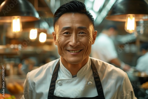 Smiling chef in a bustling kitchen showcasing culinary skills and passion for cooking delicious dishes. photo