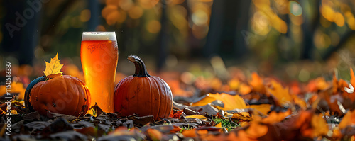 A pumpkin sits next to a glass of beer with autumn leaves scattered around, perfect for a fall-themed atmosphere. photo