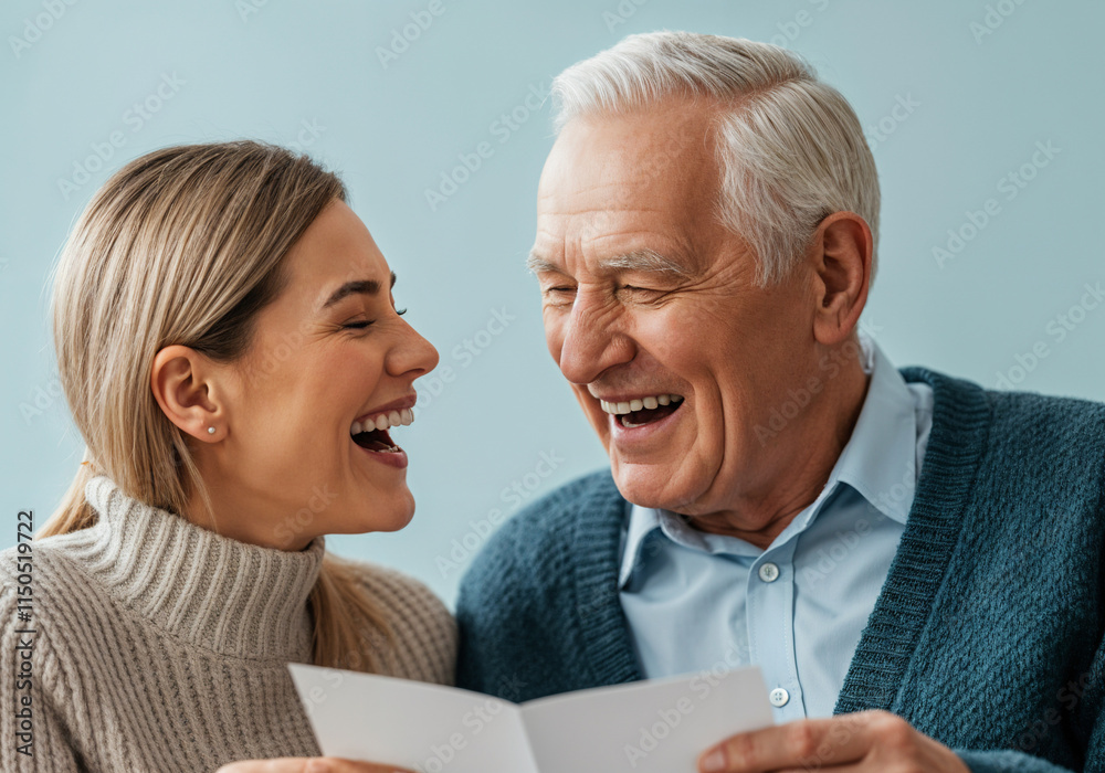 Senior man and young woman enjoying a lighthearted moment, laughing together as they read a greeting card Senior man and young woman enjoying a lighthearted moment, laughing together as they read a greeting card