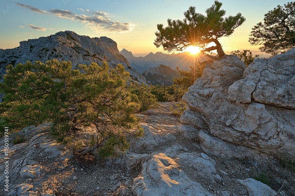 Obraz premium Mountain Sunset With Pine Trees And Rocks