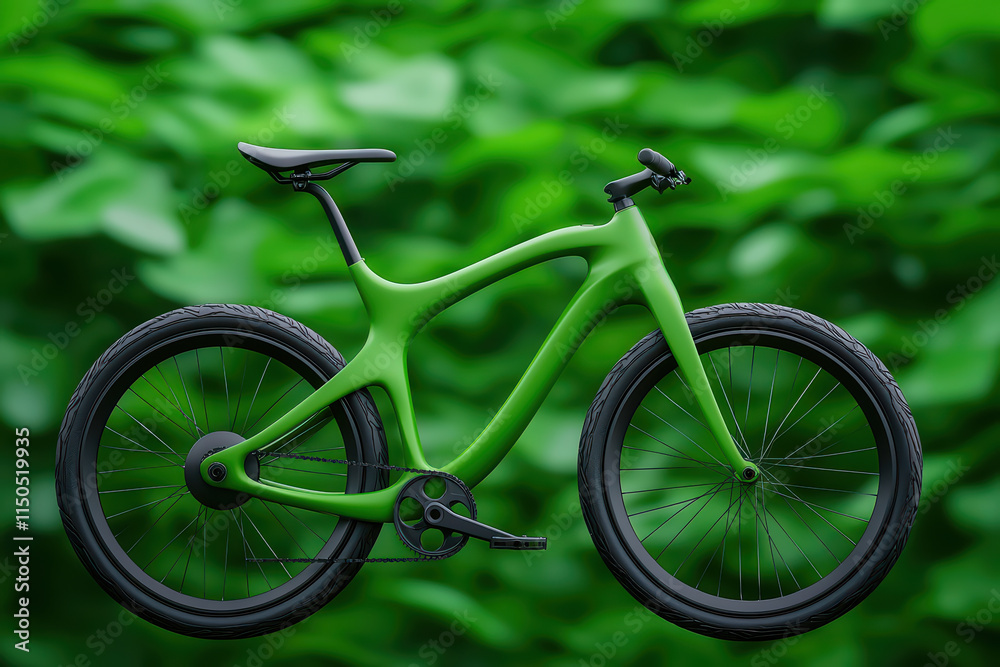 close up of modern bicycle with sleek green frame and black wheels, set against lush green background close up of modern bicycle with sleek green frame and black wheels, set against lush green background