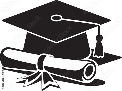 A black and white vector silhouette of a graduation diploma and cap with tassel hanging, graduation cap and diploma
