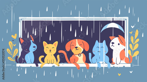 Rain of Cats and Dogs Flat Vector Illustration