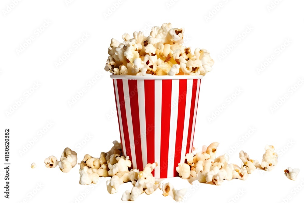 Popcorn flying out of redwhite striped paper cup isolated on white background