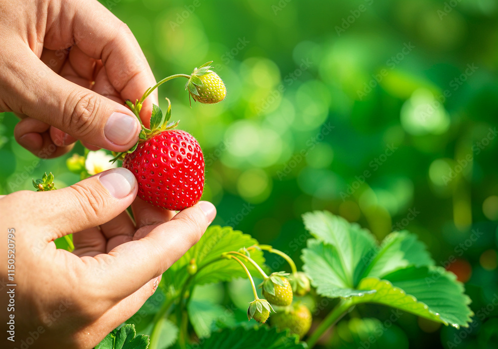 Farmer gently picking a ripe red strawberry in a field during summer Farmer gently picking a ripe red strawberry in a field during summer