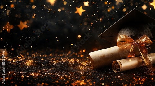 Graduation Ceremony with Graduation Cap and Diploma Rolls.