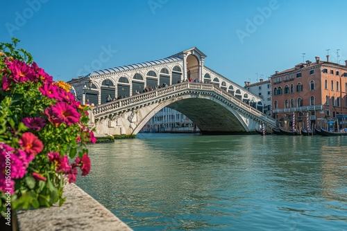 The Rialto Bridge in Venice with flowers and gondolas