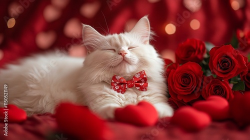 A serene white cat with closed eyes and a red bow tie lies on a bed of red rose petals.