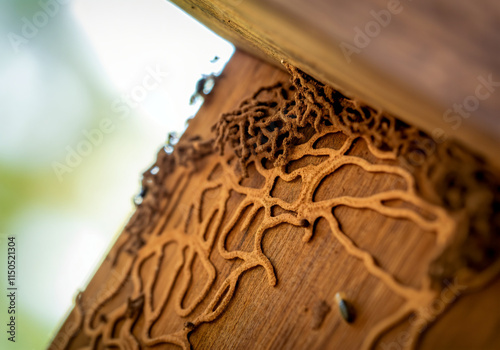 Close-up of termites building mud tubes on a wooden beam, highlighting the destructive nature of termite infestation