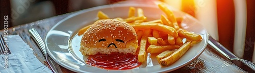 A sad burger with fries on a plate, showcasing a whimsical culinary moment in a warm dining atmosphere. photo