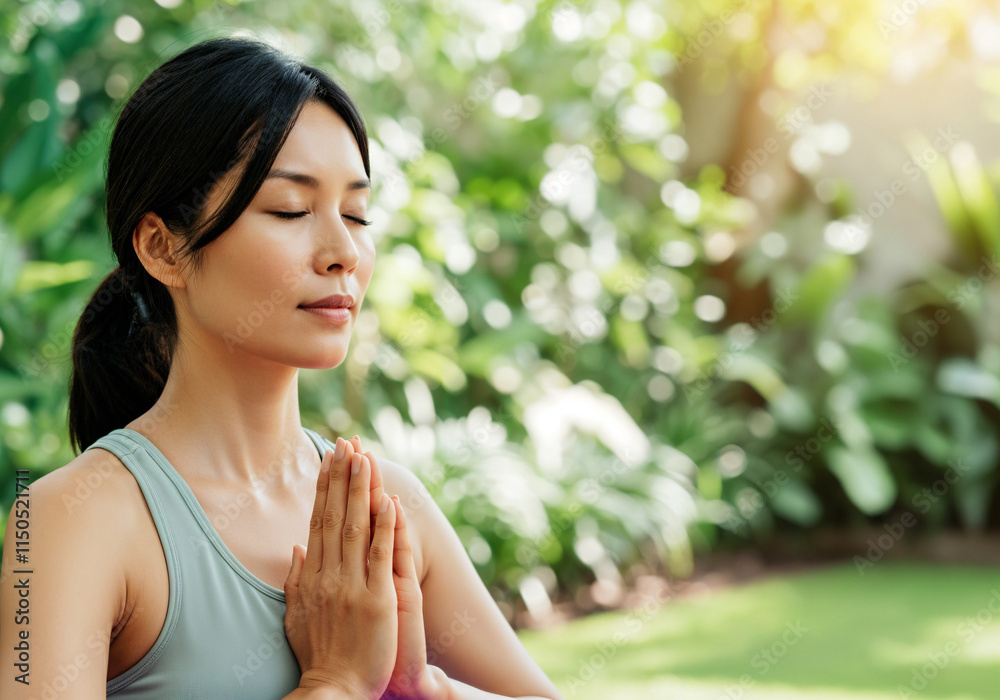 Serene woman practicing yoga and meditating with closed eyes and hands together in a peaceful garden Serene woman practicing yoga and meditating with closed eyes and hands together in a peaceful garden