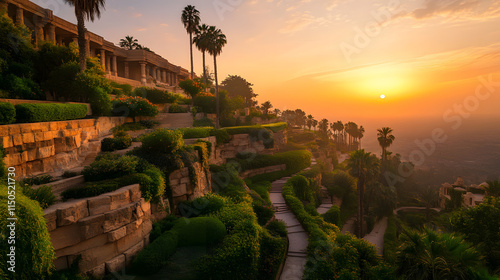 A stunning sunset view of the Hanging Gardens of Babylon warm orange and pink hues lighting the cascading terraces. photo