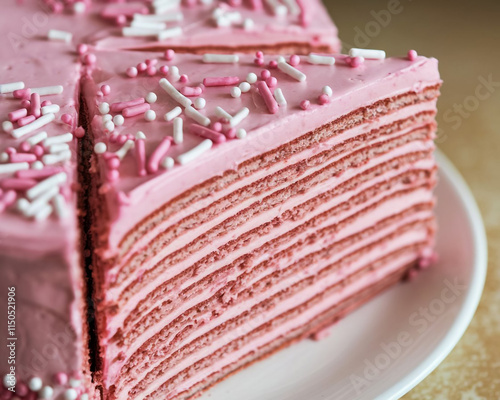 Moist madeira sponge, layered with plum and raspberry jam, coated and topped with white and pink colour frostings, decorated with white chocolate decorations, birthday cake
 photo