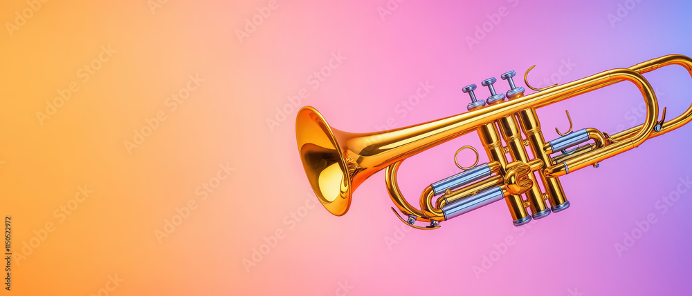 Obraz premium close up of shiny trumpet against vibrant gradient background, showcasing its intricate details and bright colors