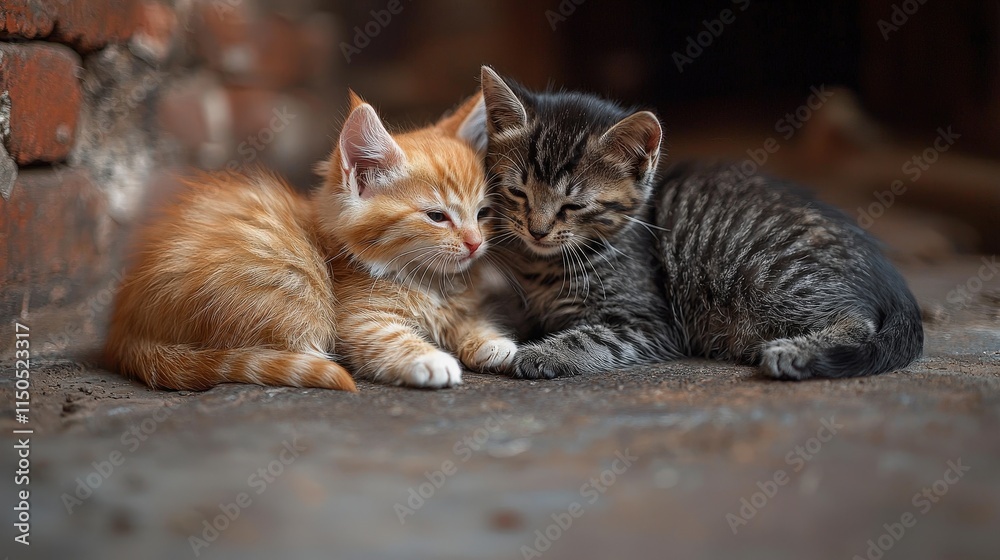 Adorable kittens cuddling on a rustic floor Adorable kittens cuddling on a rustic floor