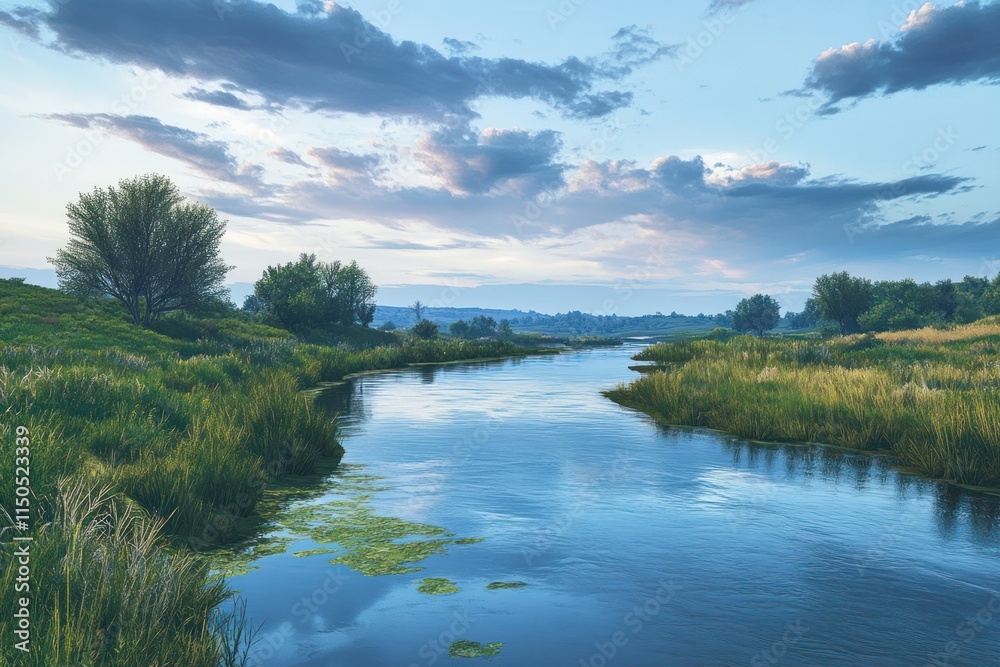 Serene River Winding Through Lush Green Landscape Under Cloudy Skies Serene River Winding Through Lush Green Landscape Under Cloudy Skies