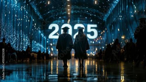Rear View of Two university graduates wearing caps and gowns. Large numbers 2025 year displayed on background. Triumphant atmosphere, symbolizing academic success and achievement. Graduation day. 