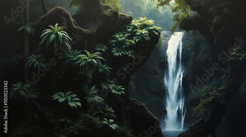 Wallpaper Mural Lush Tropical Waterfall Cascading Through Dark Jungle Cliffs Torontodigital.ca