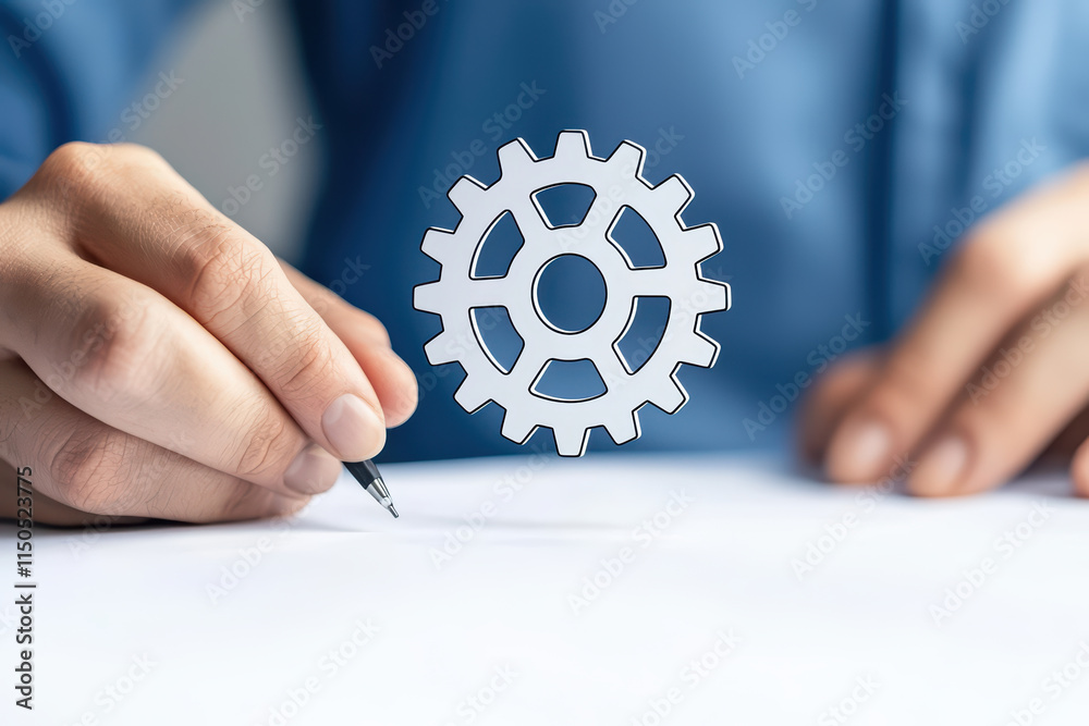 businessperson in blue shirt holds pen and gear symbol, representing innovation and strategy businessperson in blue shirt holds pen and gear symbol, representing innovation and strategy