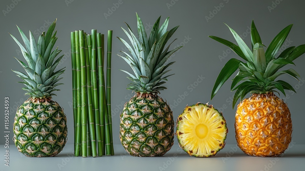 Three whole pineapples, a halved pineapple, and bamboo stalks arranged on a gray surface. Three whole pineapples, a halved pineapple, and bamboo stalks arranged on a gray surface.