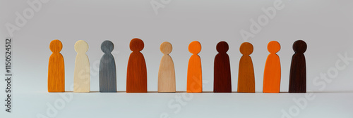 Wooden Figures. A row of colorful human figures stand together, symbolizing of diversity. Importance of inclusion, teamwork. People Silhouettes. Concepts of unity in our society. Humanity. Copy Space photo