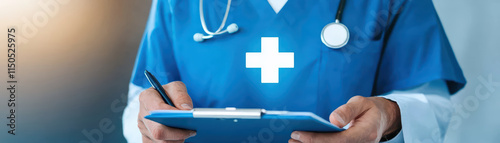 medical professional in blue scrubs holds clipboard, writing notes. scene conveys sense of care and professionalism in healthcare