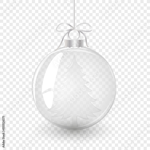 Glass Christmas ball with bow and christmas tree. Element of holiday decoration. Vector object for christmas design, mockup, postcard, invitation, poster, banner