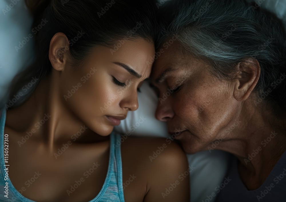 Young woman in tank top receives comfort from friend while resting in bed Young woman in tank top receives comfort from friend while resting in bed