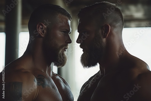 Romantic embrace between two muscular men with buzzcuts in a cozy setting photo