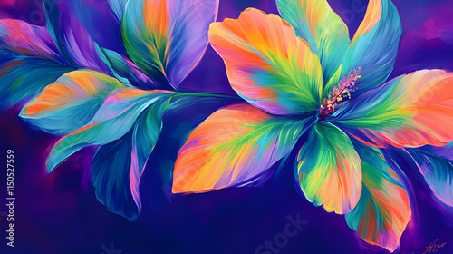 A vibrant tropical-themed abstract flower painting with exotic petals in electric greens blues and pinks on a deep purple background.