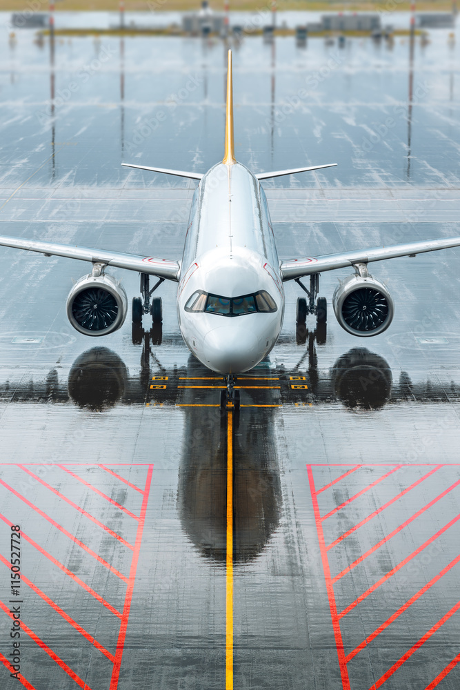 modern airliner arrives in the rain