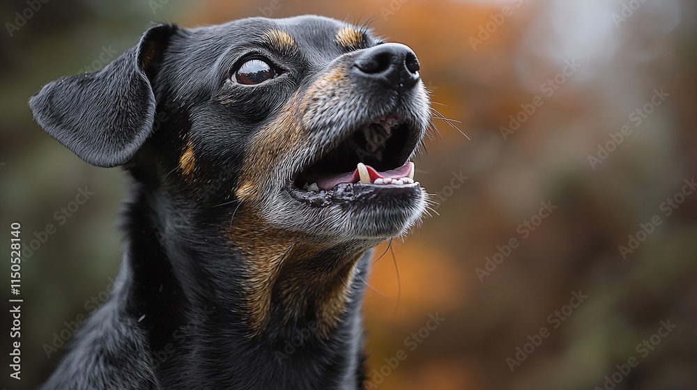 Happy dog looking up with fall background and curious expression Happy dog looking up with fall background and curious expression