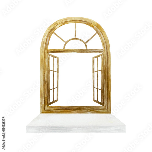 Cuadro en lienzo Wooden window frame with open shutters and white window sill