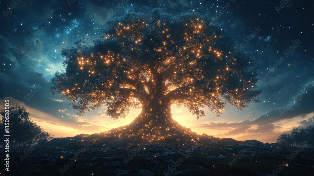 Fototapeta premium A glowing tree stands majestically against a starry sky, symbolizing nature's beauty.