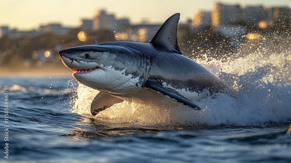 Fototapeta premium Great white shark leaping from ocean waves at sunset near coastal city