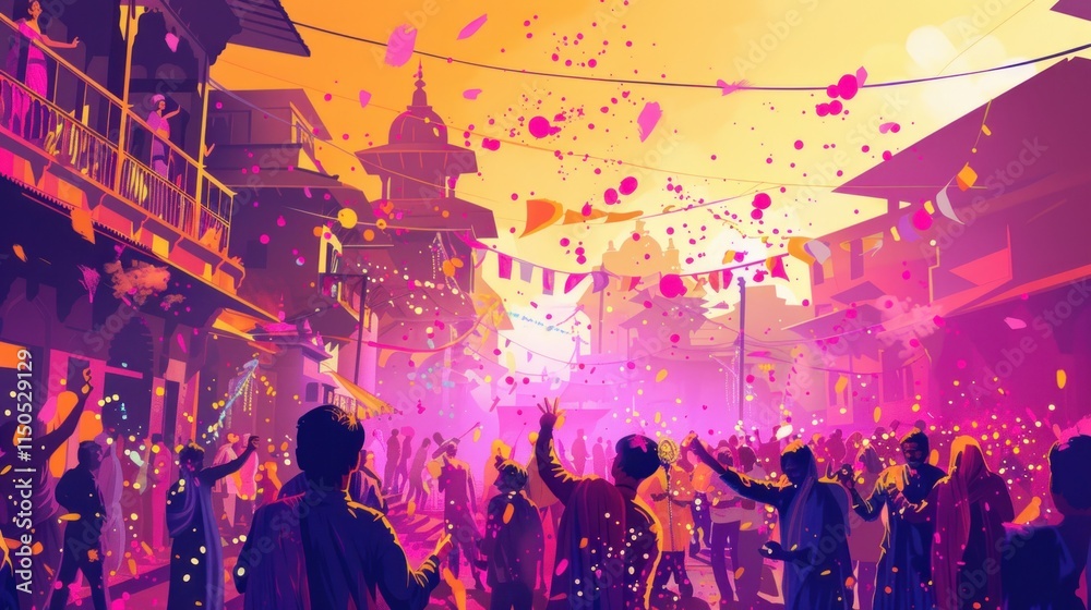 Fototapeta premium Festive street celebration with vibrant colors and confetti, large crowd of people enjoying a vibrant festival.