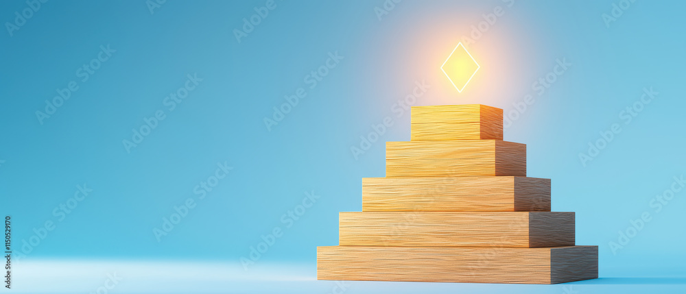close up of wooden blocks forming staircase with glowing diamond on top, symbolizing achievement and success close up of wooden blocks forming staircase with glowing diamond on top, symbolizing achievement and success