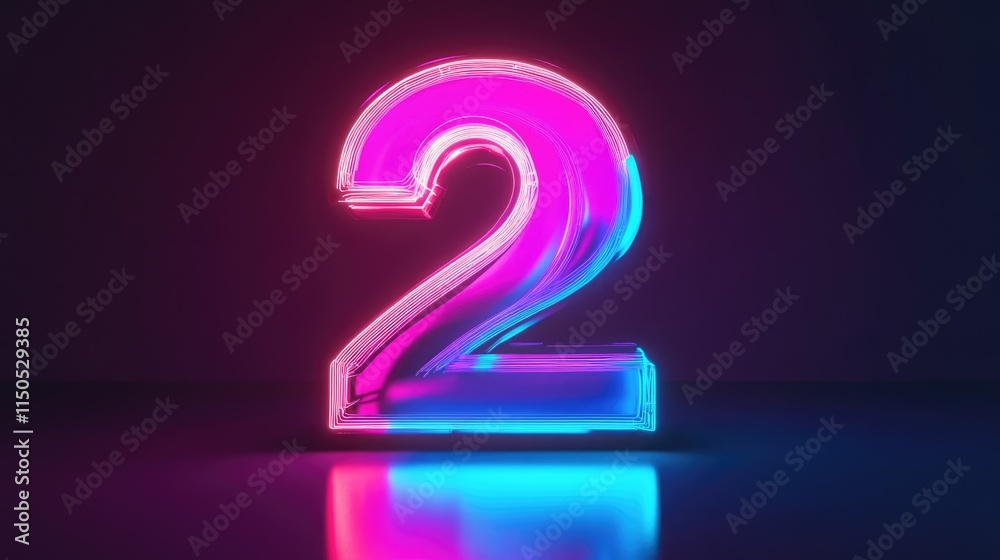 Naklejka premium Illuminated Number Two: 3D Representation in Vibrant Pink and Blue Neon Glow