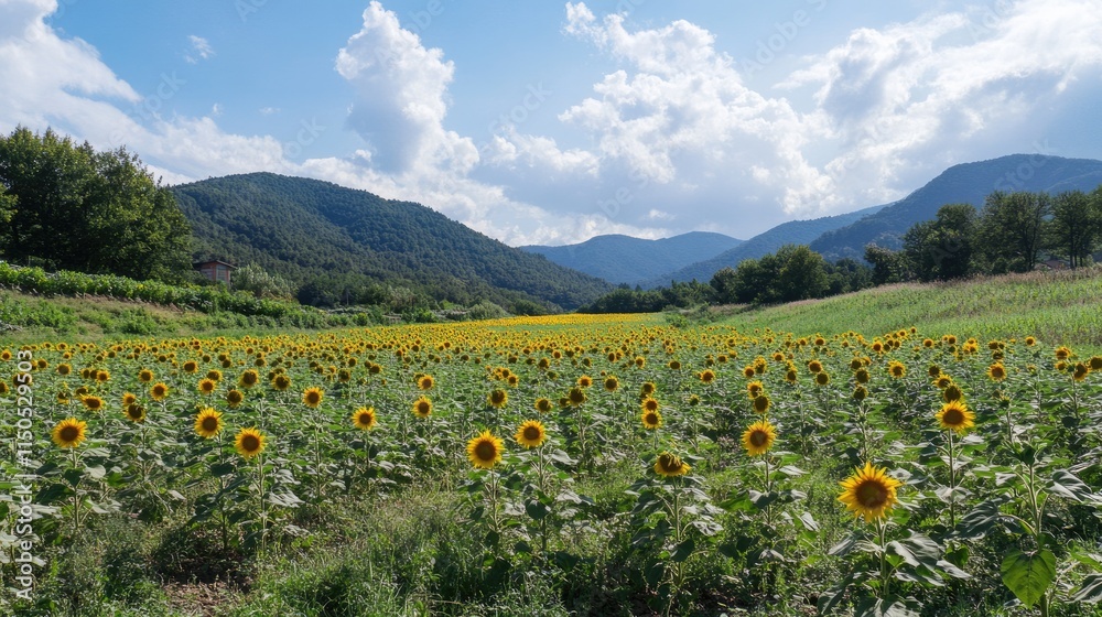 Fototapeta premium Picturesque Sunflower Farm: Vibrant Yellow Blooms Against a Serene Mountain Sky