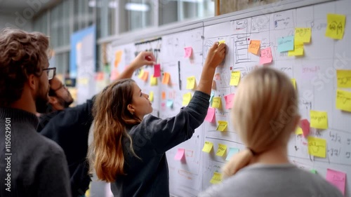 Motivated startup team collaborating, using sticky notes for brainstorming and strategic planning on whiteboard during creative workshop