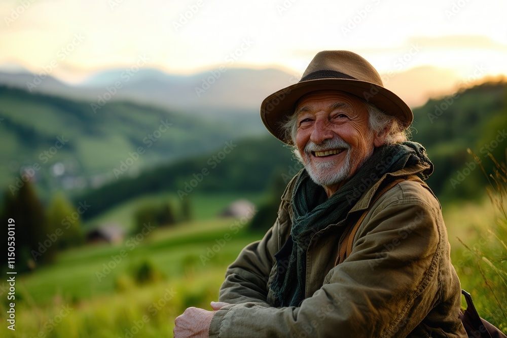 Joyful senior adventurer in scenic mountain landscape at sunset. Joyful senior adventurer in scenic mountain landscape at sunset.
